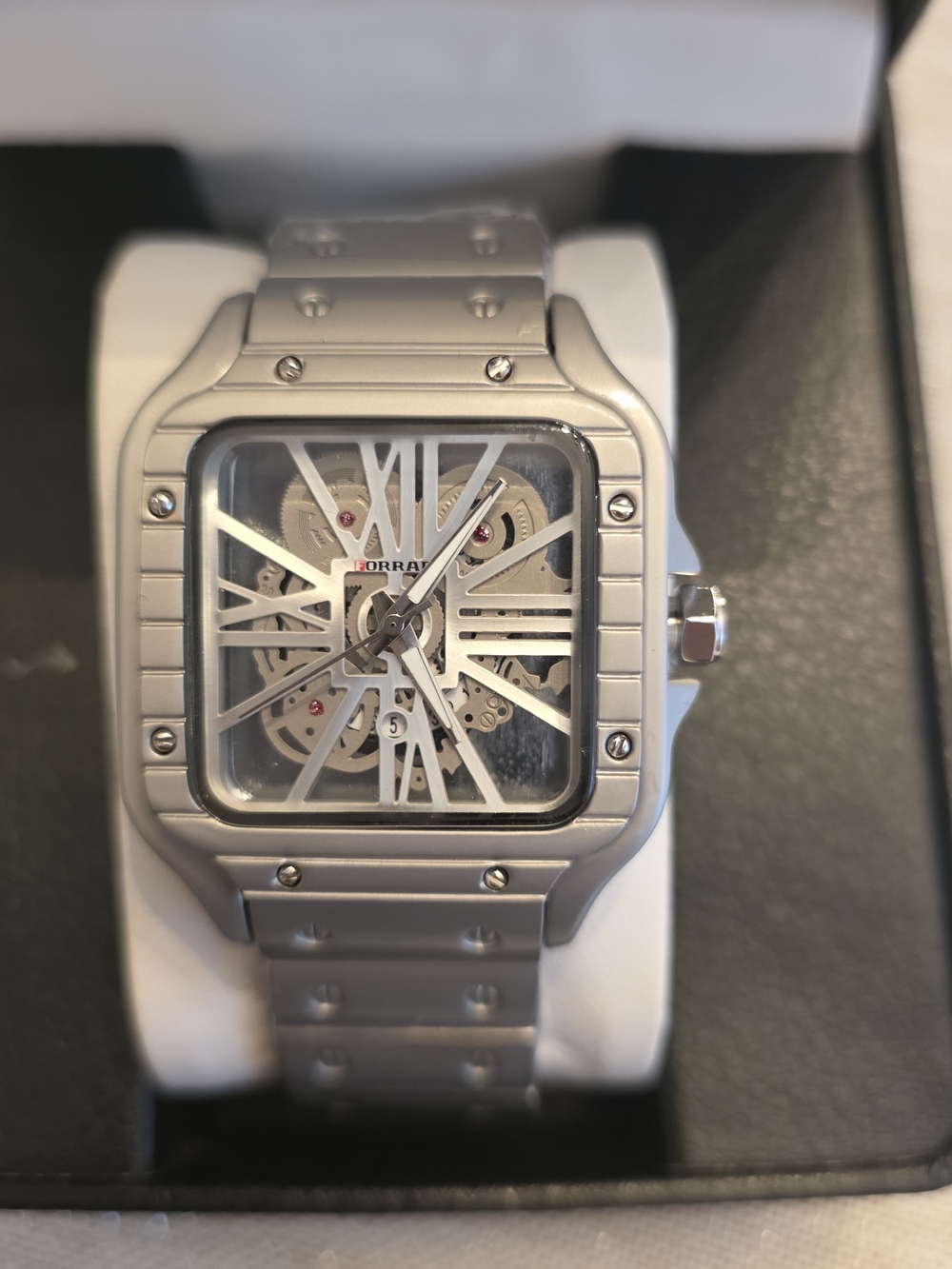 195. Men's Matte Silver Skeleton Dial Watch